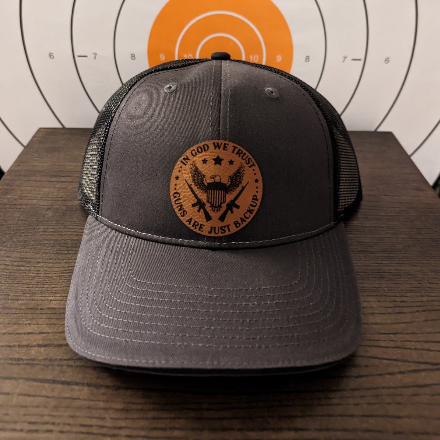 In God We Trust...Guns Are Just Backup - Gray on Black Truckers Hat